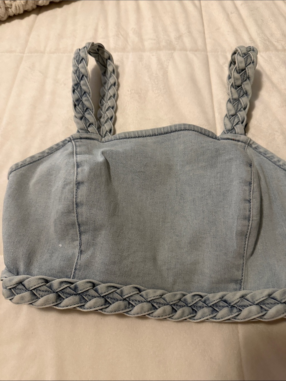 Light Wash Denim Crop Top with Braided Straps